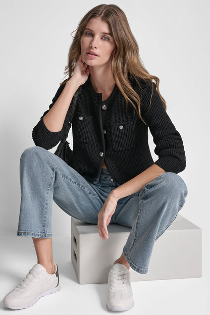 TUCK STITCH CREW NECK CARDIGAN