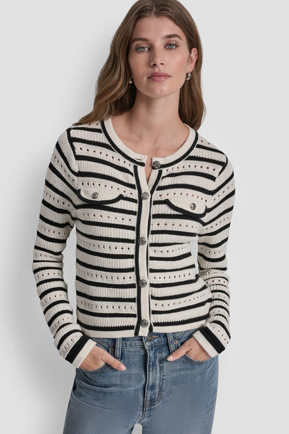 POINTELLE STRIPED CARDIGAN