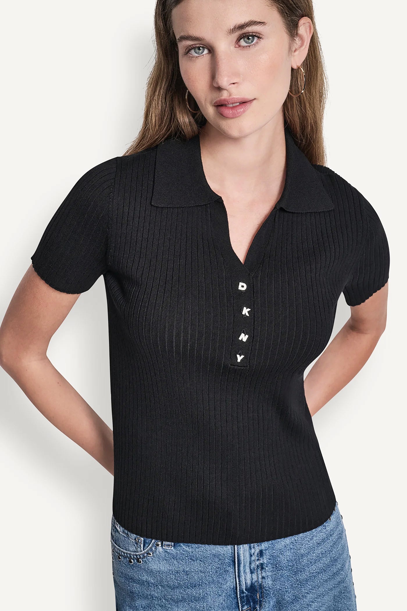 RIBBED POLO WITH RHINESTONE BUTTONS