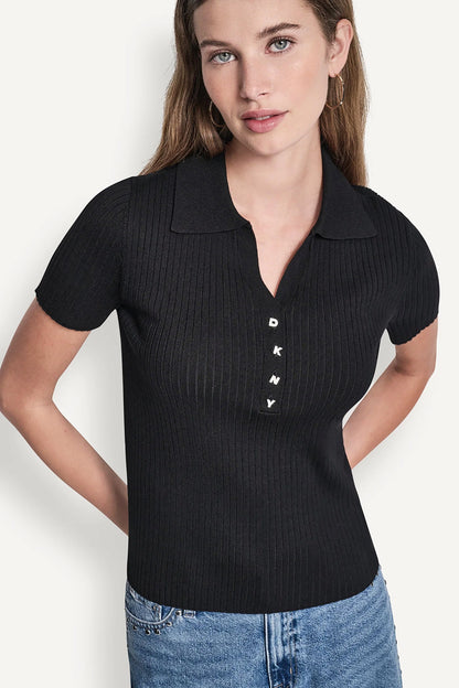 RIBBED POLO WITH RHINESTONE BUTTONS