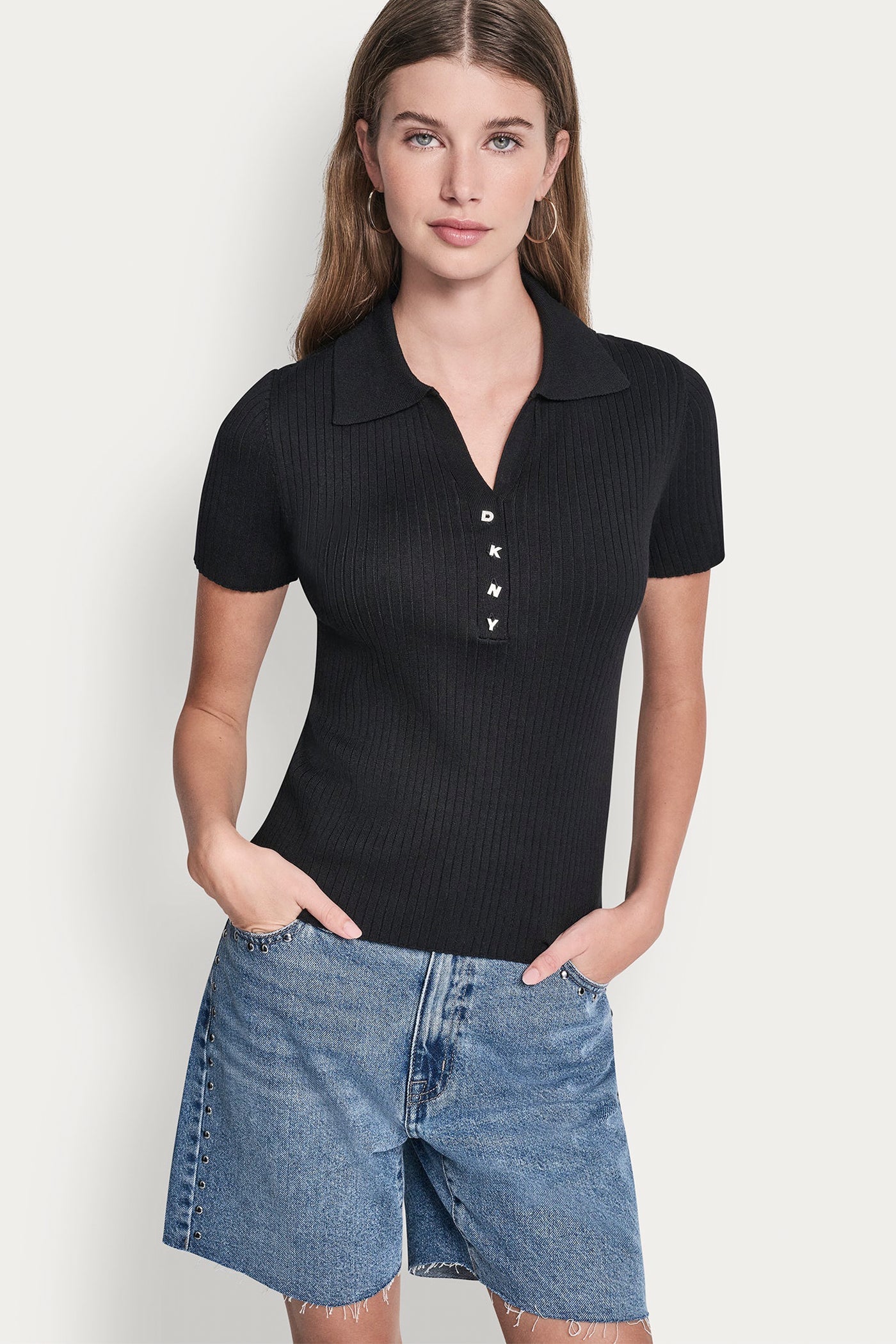 RIBBED POLO WITH RHINESTONE BUTTONS