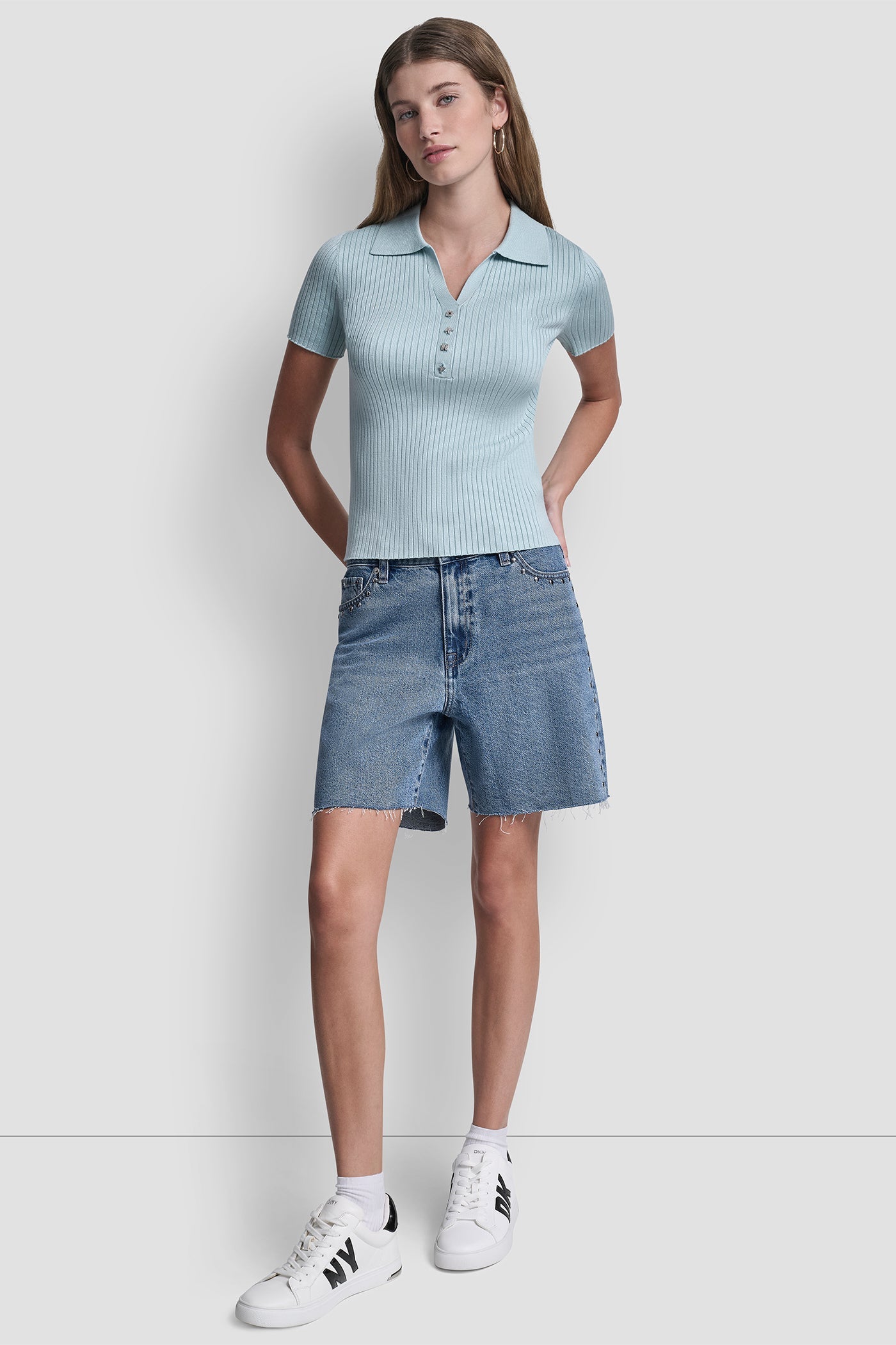 RIBBED POLO WITH RHINESTONE BUTTONS