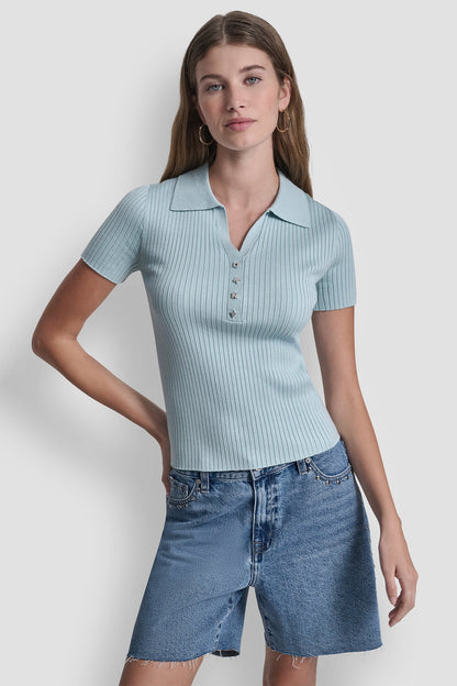 RIBBED POLO WITH RHINESTONE BUTTONS