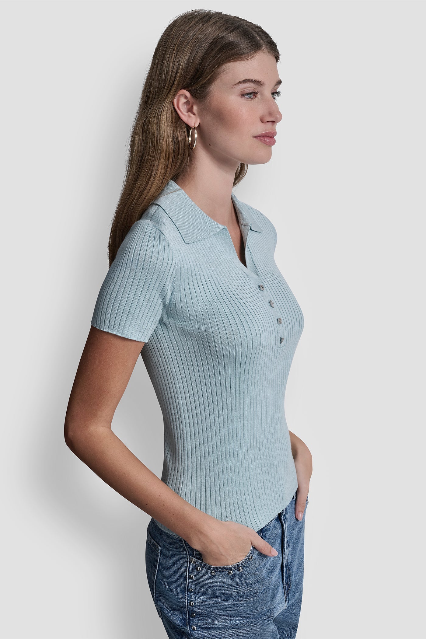 RIBBED POLO WITH RHINESTONE BUTTONS