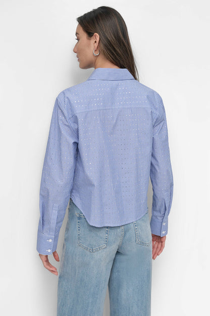 STRIPED POPILIN STUDDED RHINESTONE TOP