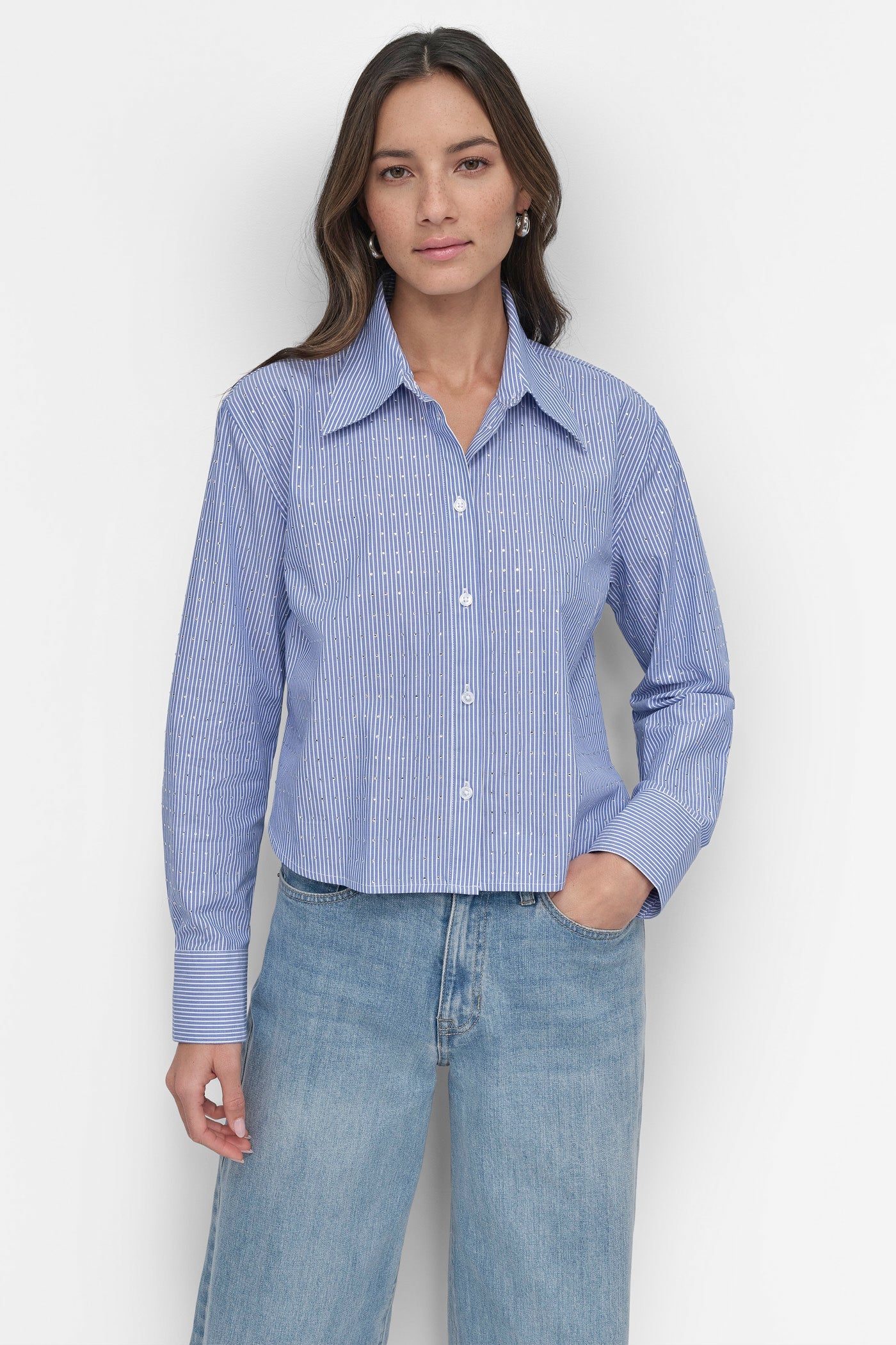 STRIPED POPILIN STUDDED RHINESTONE TOP