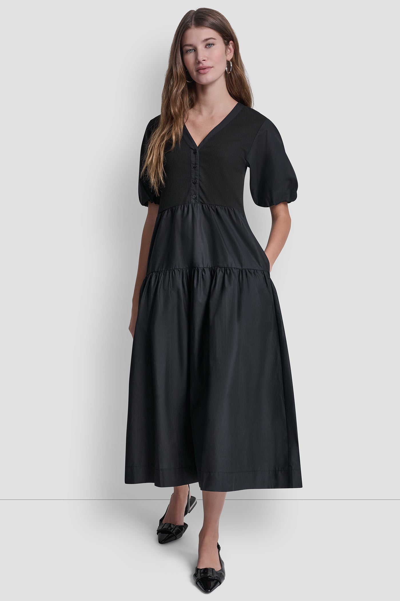 RIB HENLEY MIDI DRESS WITH PUFF SLEEVES