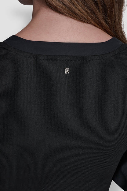 RIB HENLEY MIDI DRESS WITH PUFF SLEEVES