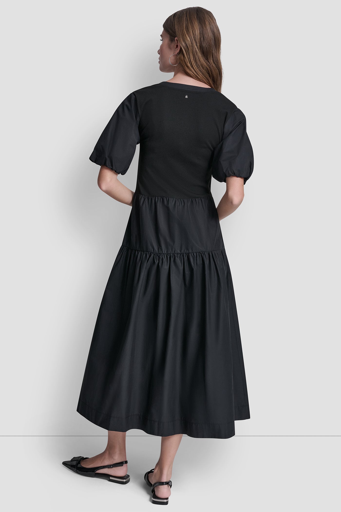 RIB HENLEY MIDI DRESS WITH PUFF SLEEVES