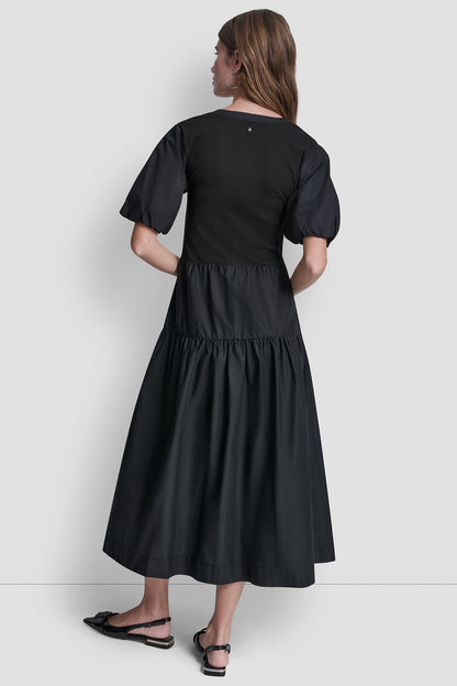 RIB HENLEY MIDI DRESS WITH PUFF SLEEVES