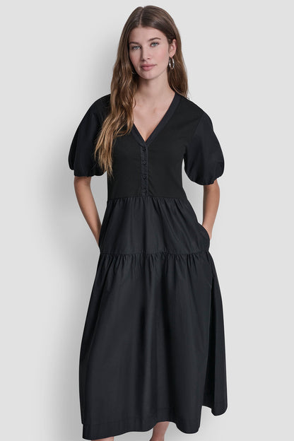 RIB HENLEY MIDI DRESS WITH PUFF SLEEVES