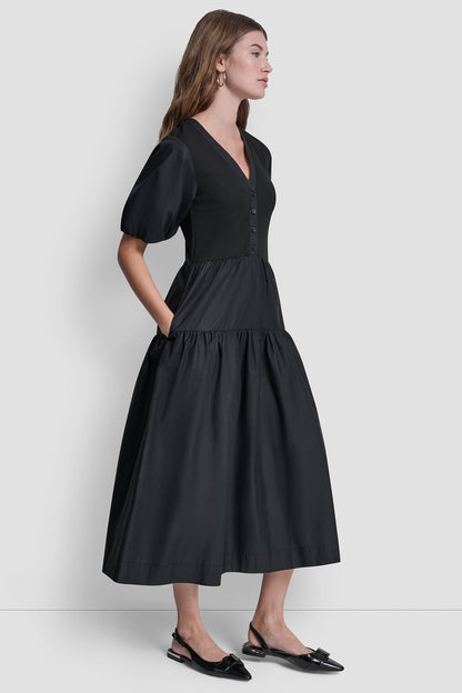 RIB HENLEY MIDI DRESS WITH PUFF SLEEVES