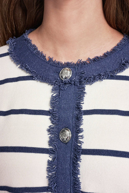 STRIPED CARDIGAN WITH DENIM FRINGE