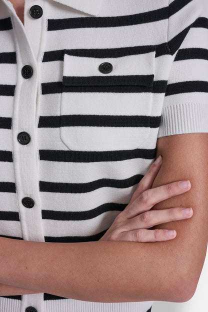 SHORT-SLEEVE STRIPED POLO CARDIGAN