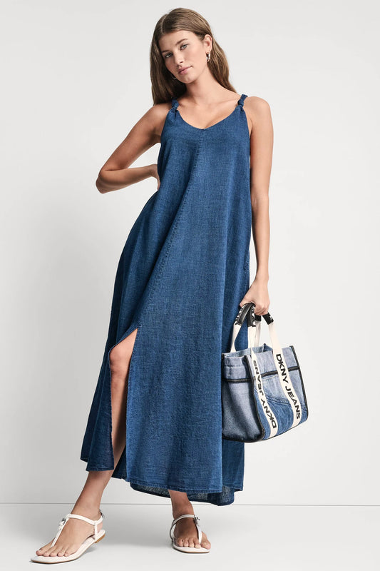 KNOTTED STRAP V-NECK MAXI DRESS