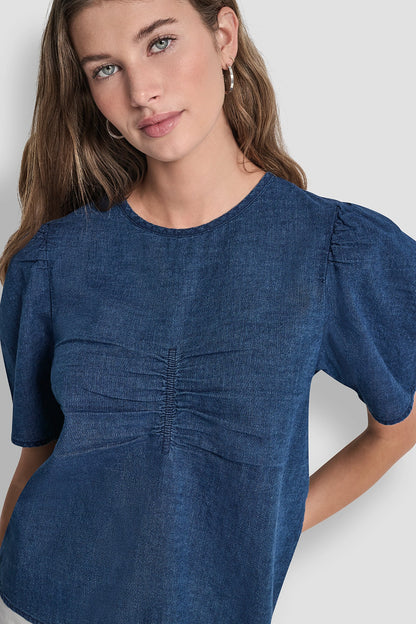 PUFF SLEEVE RUCHED FRONT SHIRT