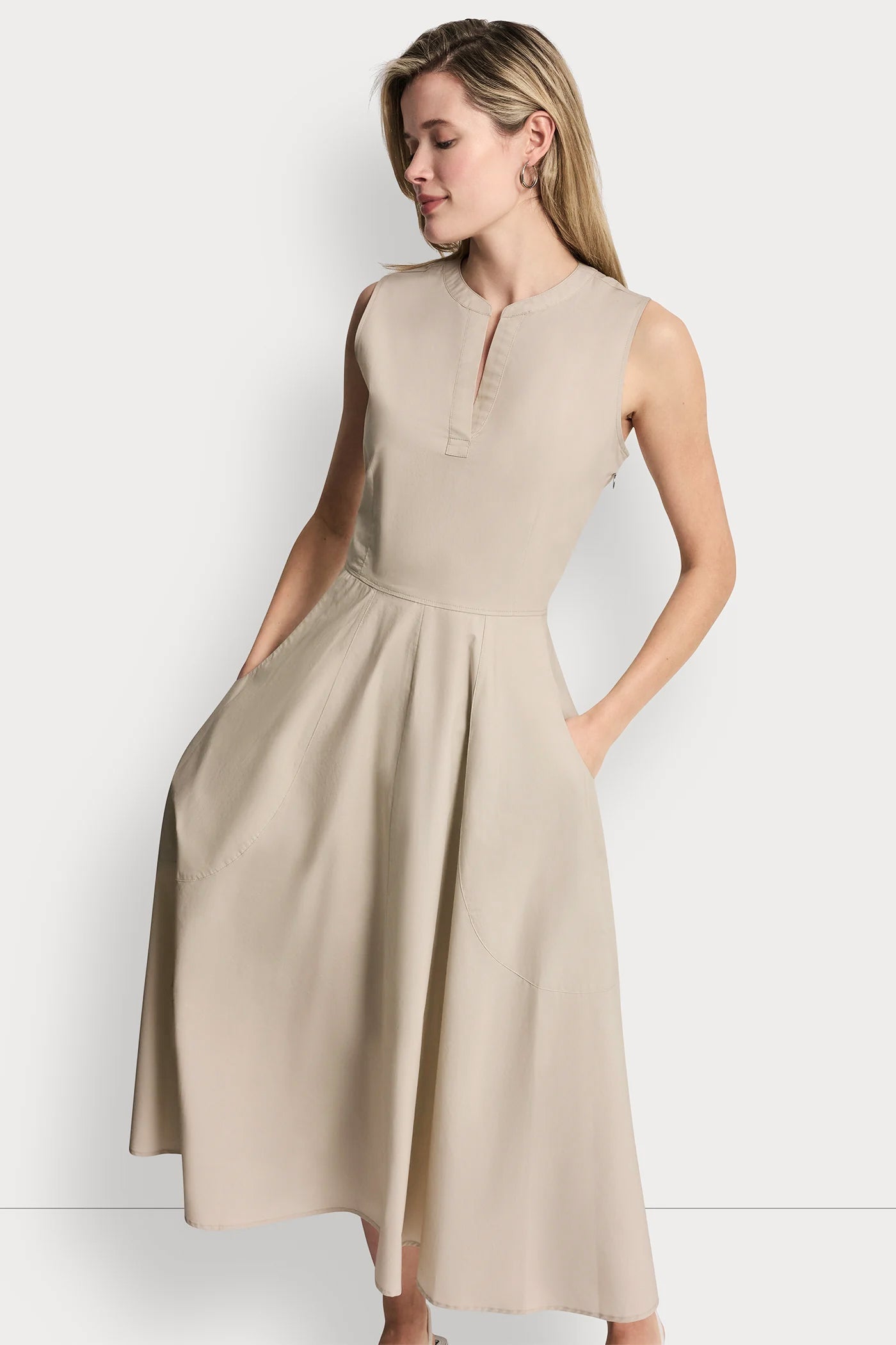 POPLIN V-NECK MIDI DRESS