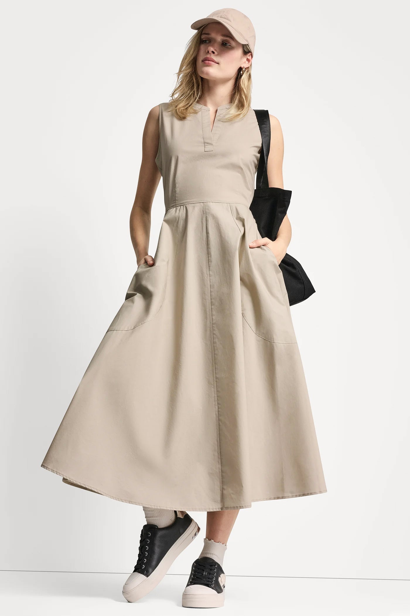 POPLIN V-NECK MIDI DRESS