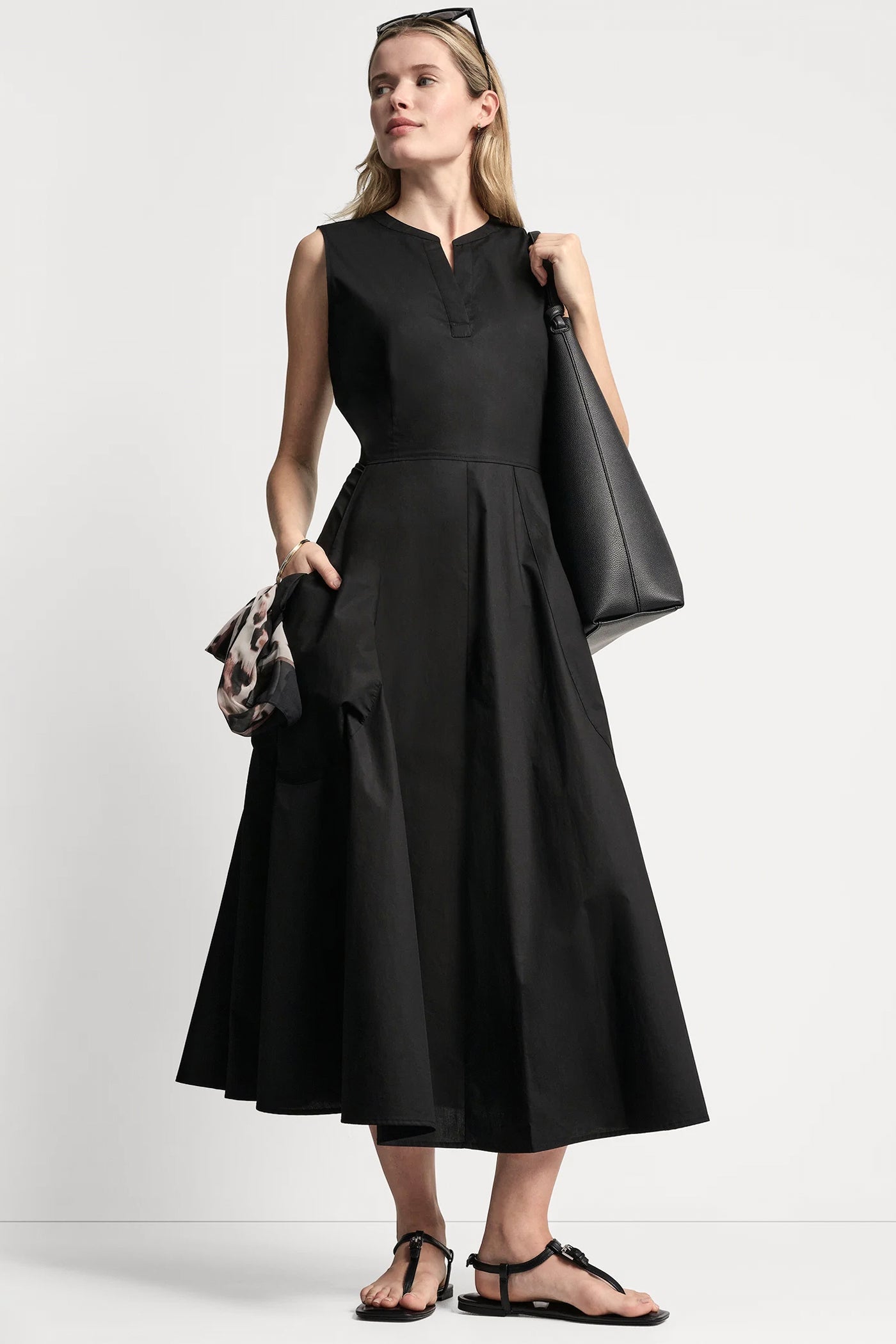 POPLIN V-NECK MIDI DRESS