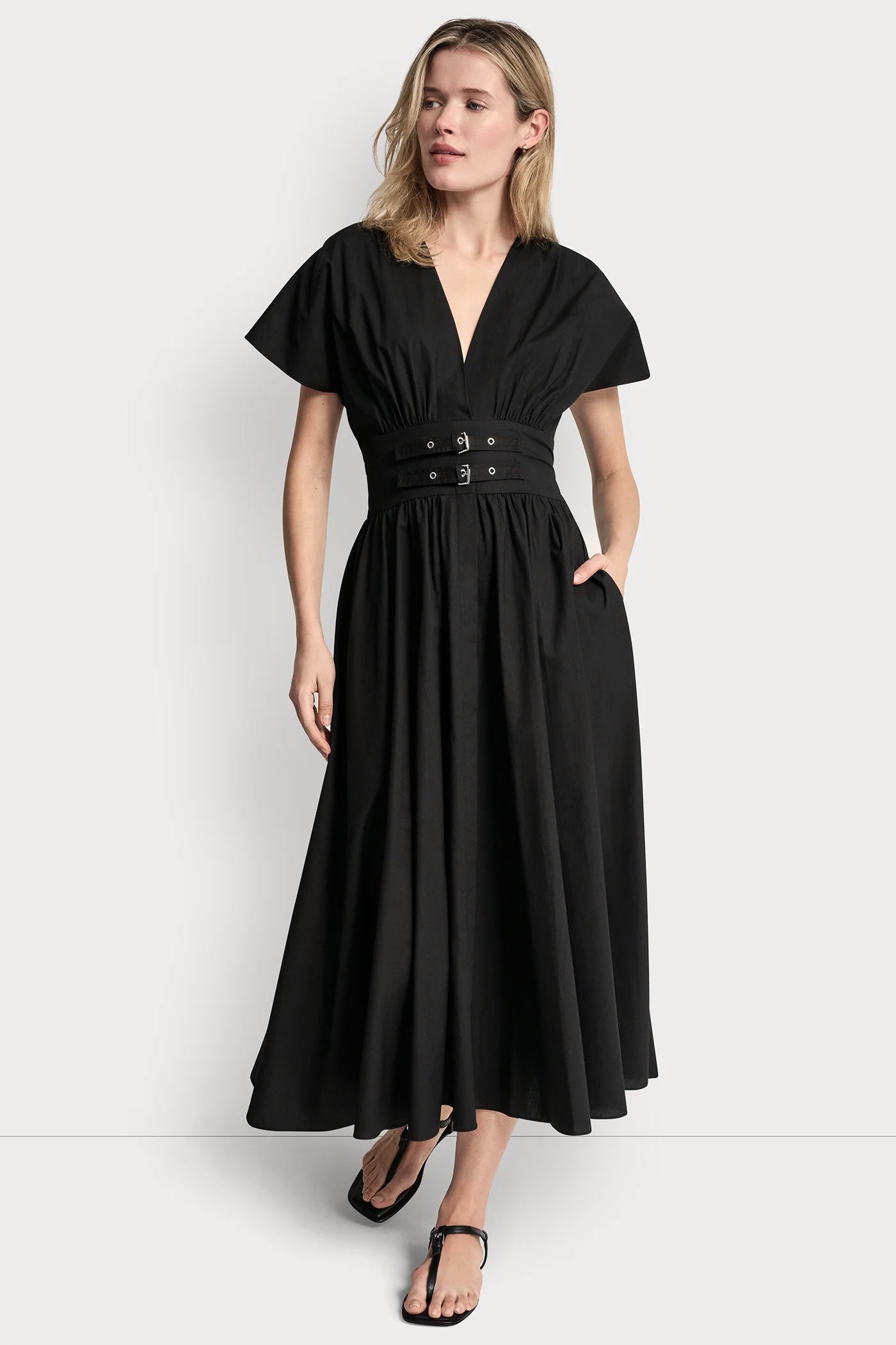 SMOCKED MIDI DRESS WITH BUCKLE