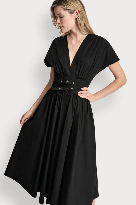 SMOCKED MIDI DRESS WITH BUCKLE