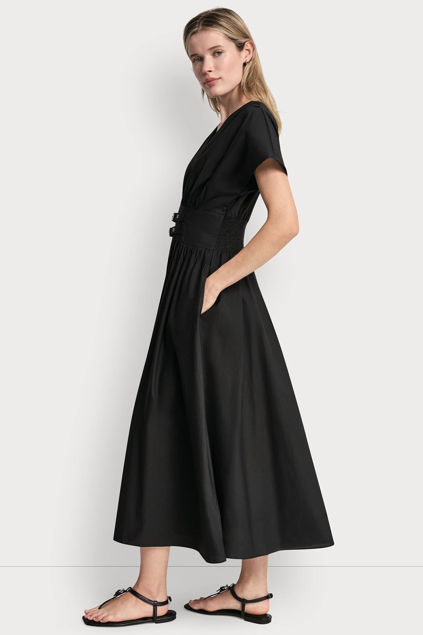 SMOCKED MIDI DRESS WITH BUCKLE