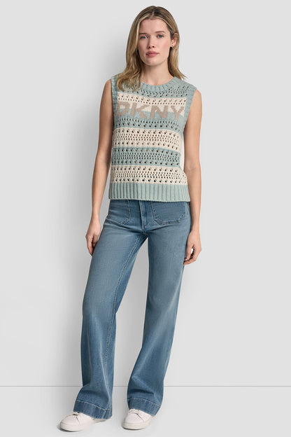 STRIPED POINTELLE STITCH SWEATER