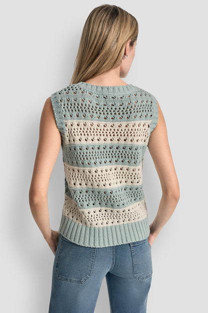 STRIPED POINTELLE STITCH SWEATER