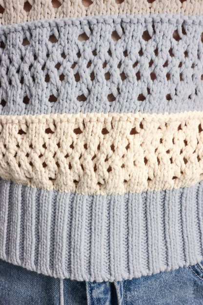 STRIPED POINTELLE STITCH SWEATER