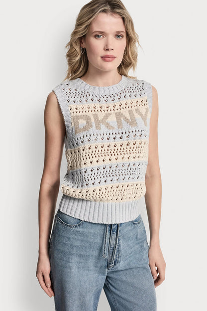 STRIPED POINTELLE STITCH SWEATER