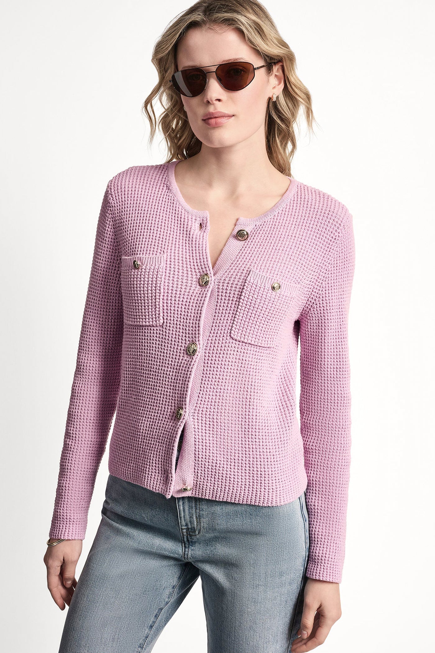 TUCK STITCH CREW NECK CARDIGAN