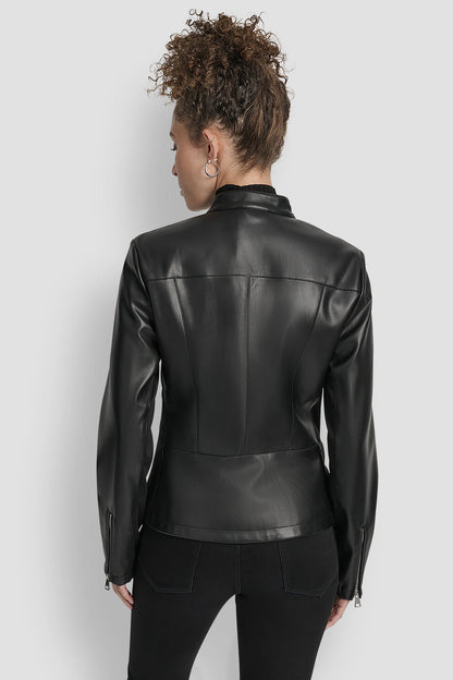 FAUX LEATHER MOTO JACKET WITH SNAP COLLAR