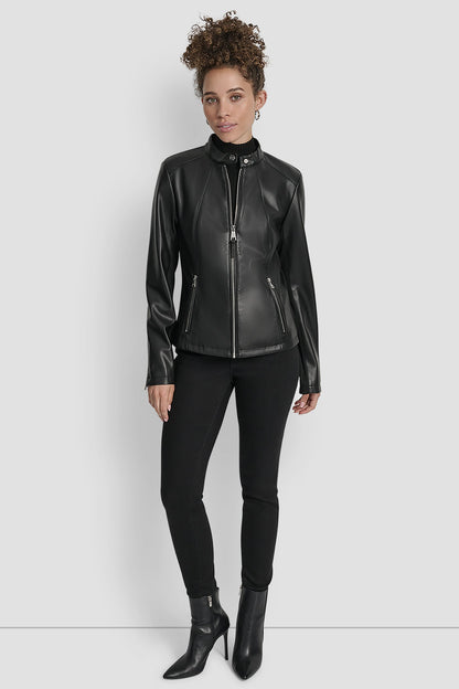 FAUX LEATHER MOTO JACKET WITH SNAP COLLAR