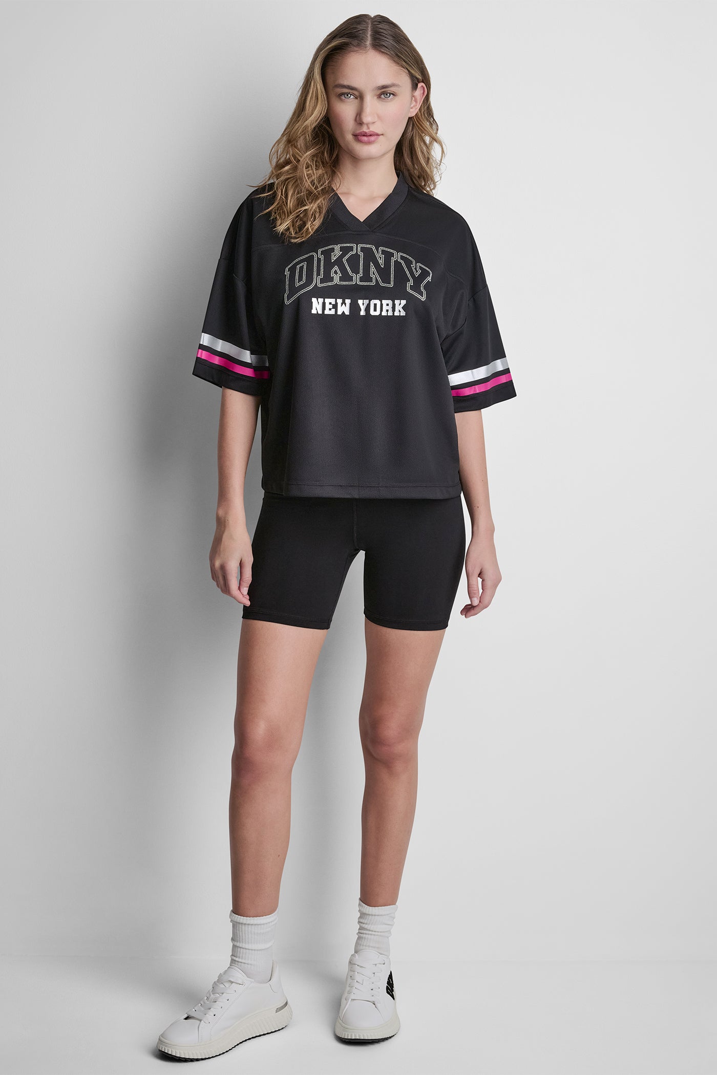 RHINESTONE VARSITY LOGO V-NECK JERSEY