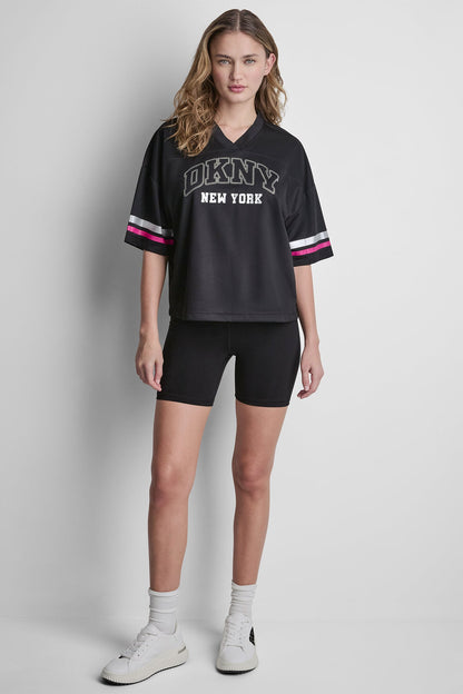 RHINESTONE VARSITY LOGO V-NECK JERSEY