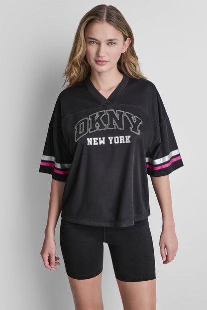 RHINESTONE VARSITY LOGO V-NECK JERSEY