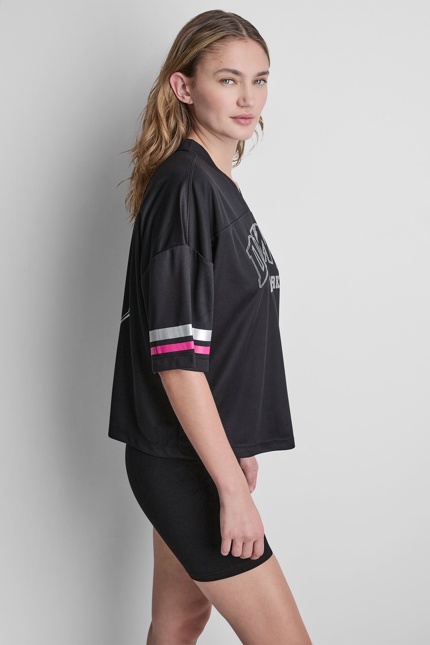 RHINESTONE VARSITY LOGO V-NECK JERSEY