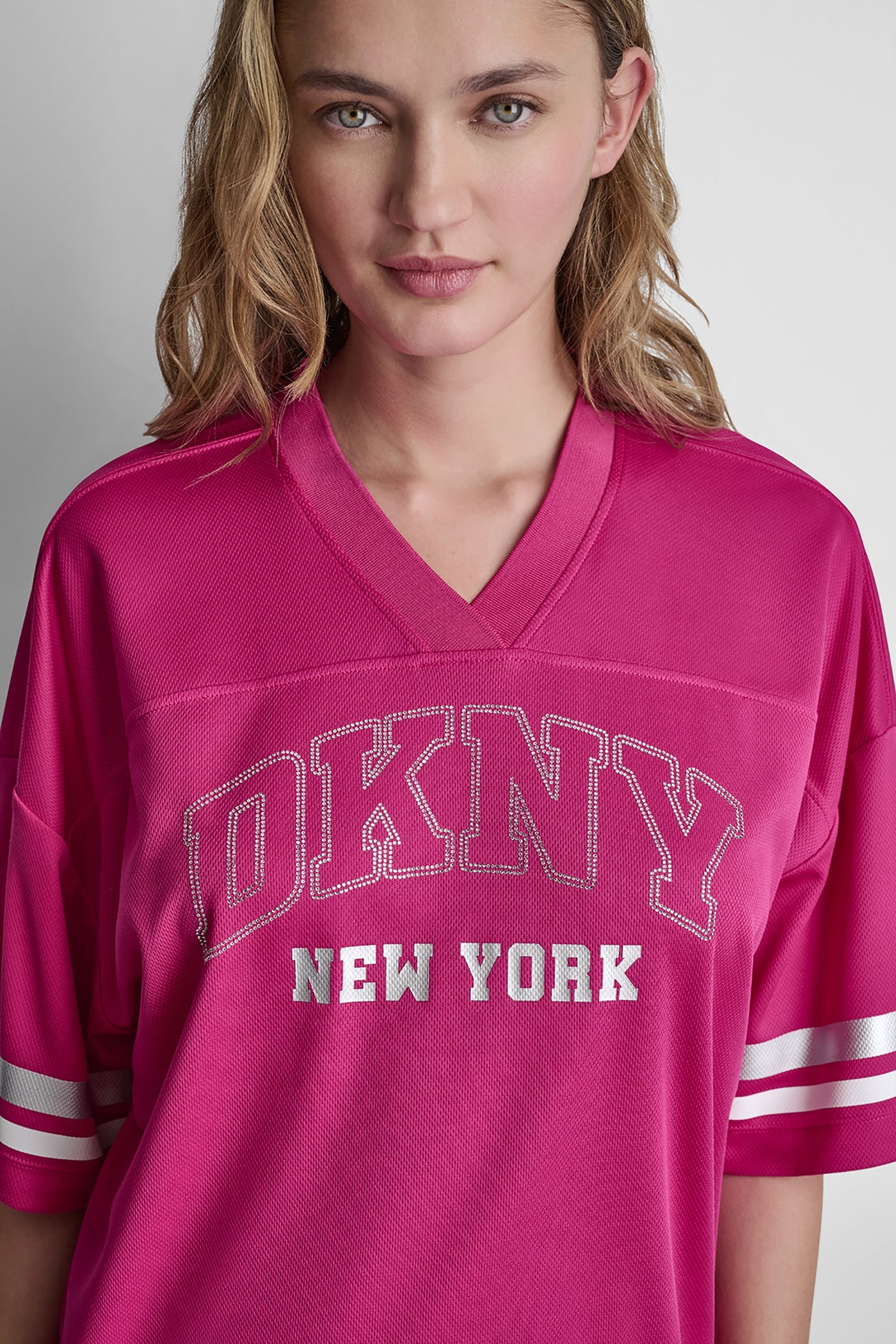 RHINESTONE VARSITY LOGO V-NECK JERSEY