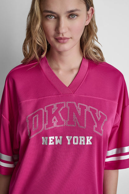 RHINESTONE VARSITY LOGO V-NECK JERSEY