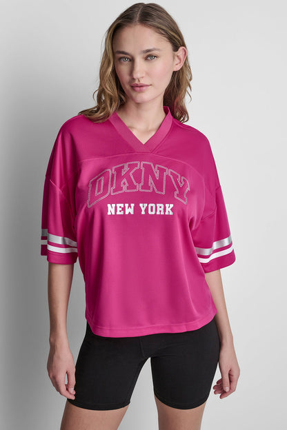 RHINESTONE VARSITY LOGO V-NECK JERSEY