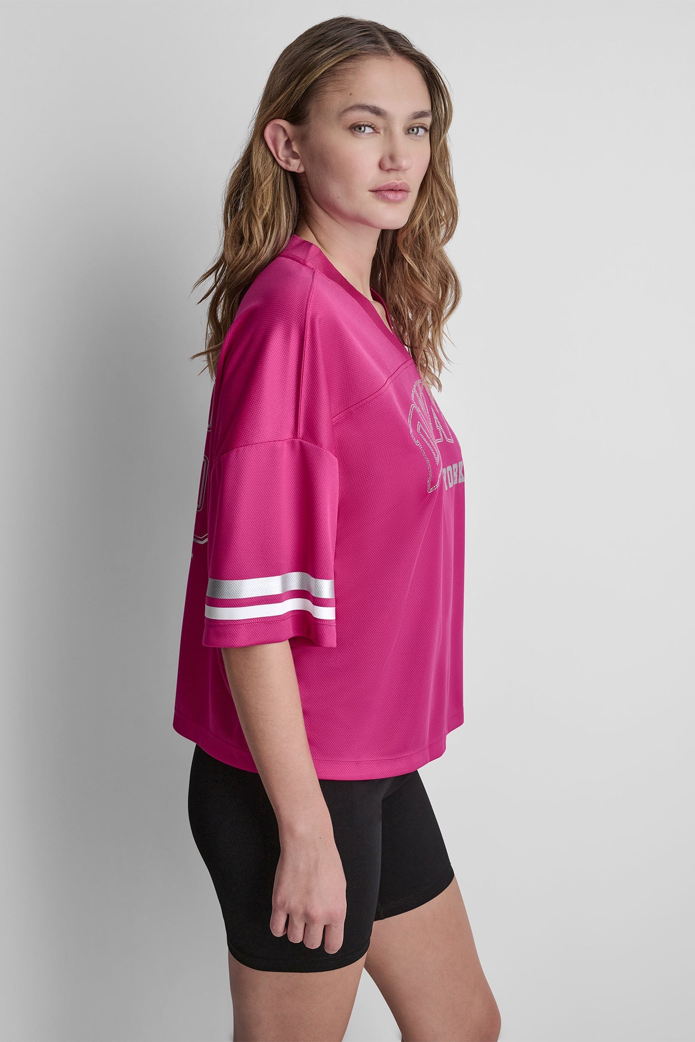 RHINESTONE VARSITY LOGO V-NECK JERSEY