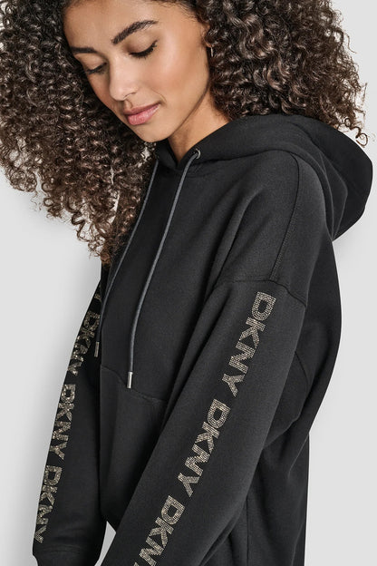 RELAXED RHINESTONE SLEEVE LOGO HOODIE