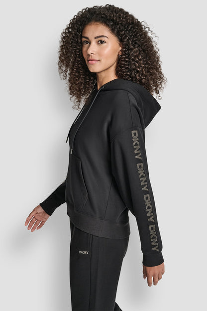 RELAXED RHINESTONE SLEEVE LOGO HOODIE