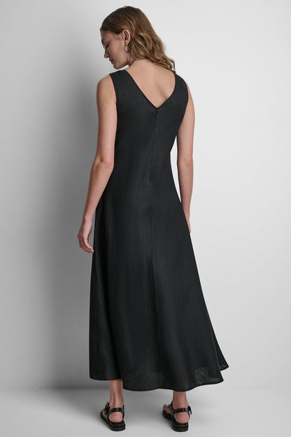 FRAYED LINEN MAXI DRESS