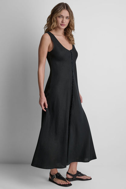 FRAYED LINEN MAXI DRESS
