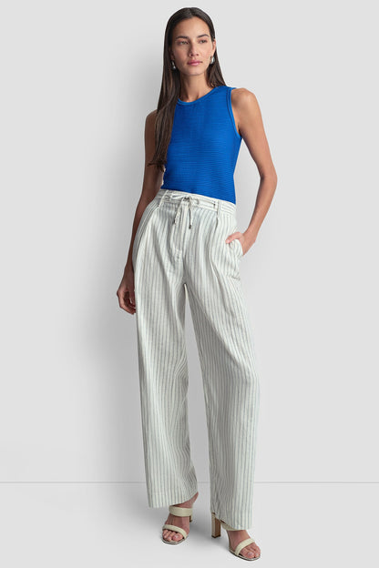 LINEN-BLEND PINSTRIPE PLEATED PANT