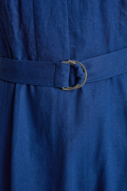 LINEN-BLEND BELTED MIDI DRESS
