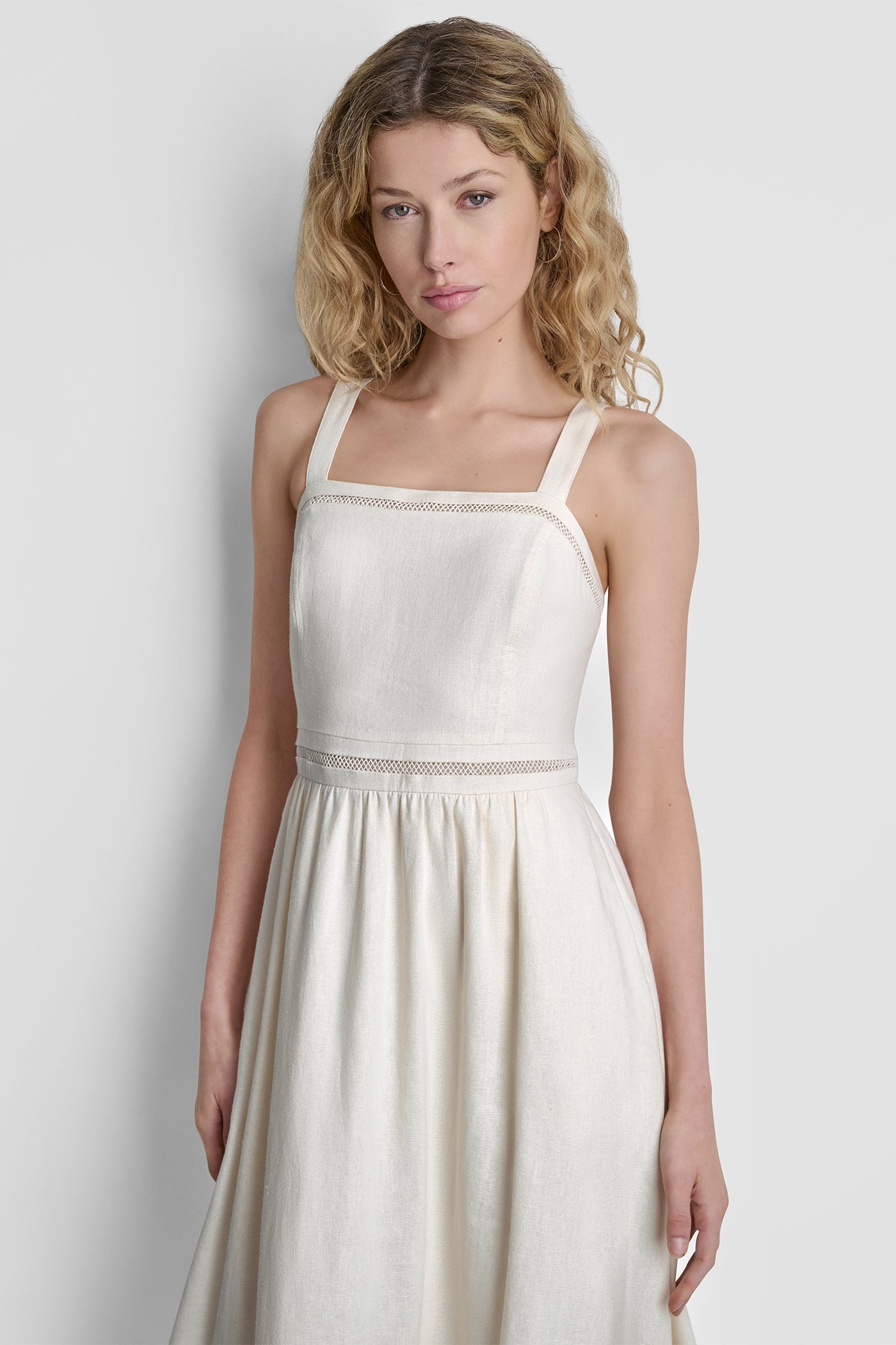 LINEN-BLEND LACE-TRIMMED MIDI DRESS