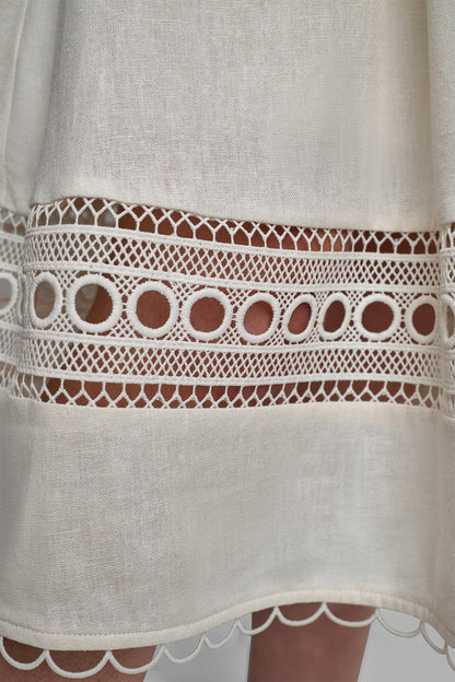 LINEN-BLEND LACE-TRIMMED MIDI DRESS