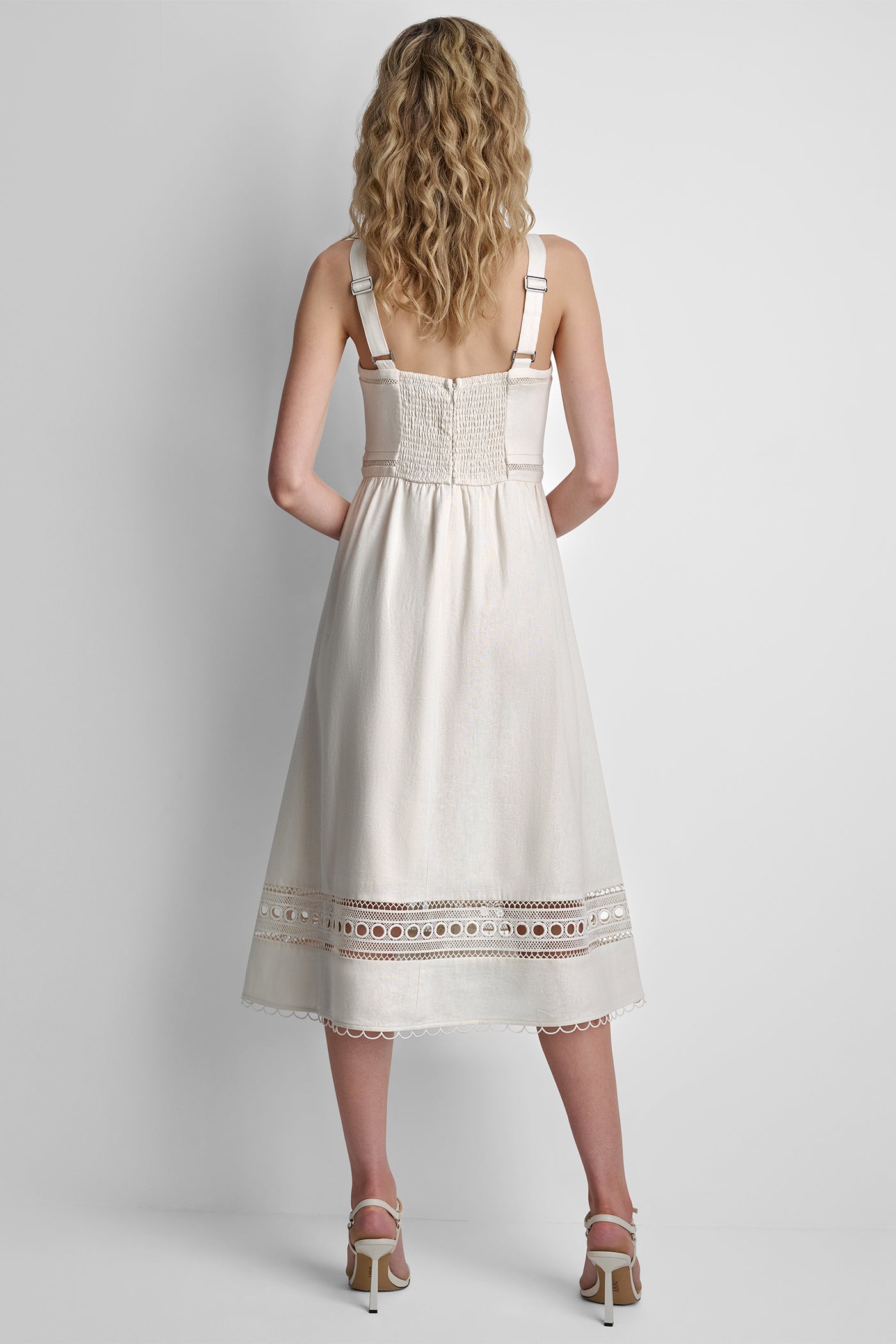 LINEN-BLEND LACE-TRIMMED MIDI DRESS
